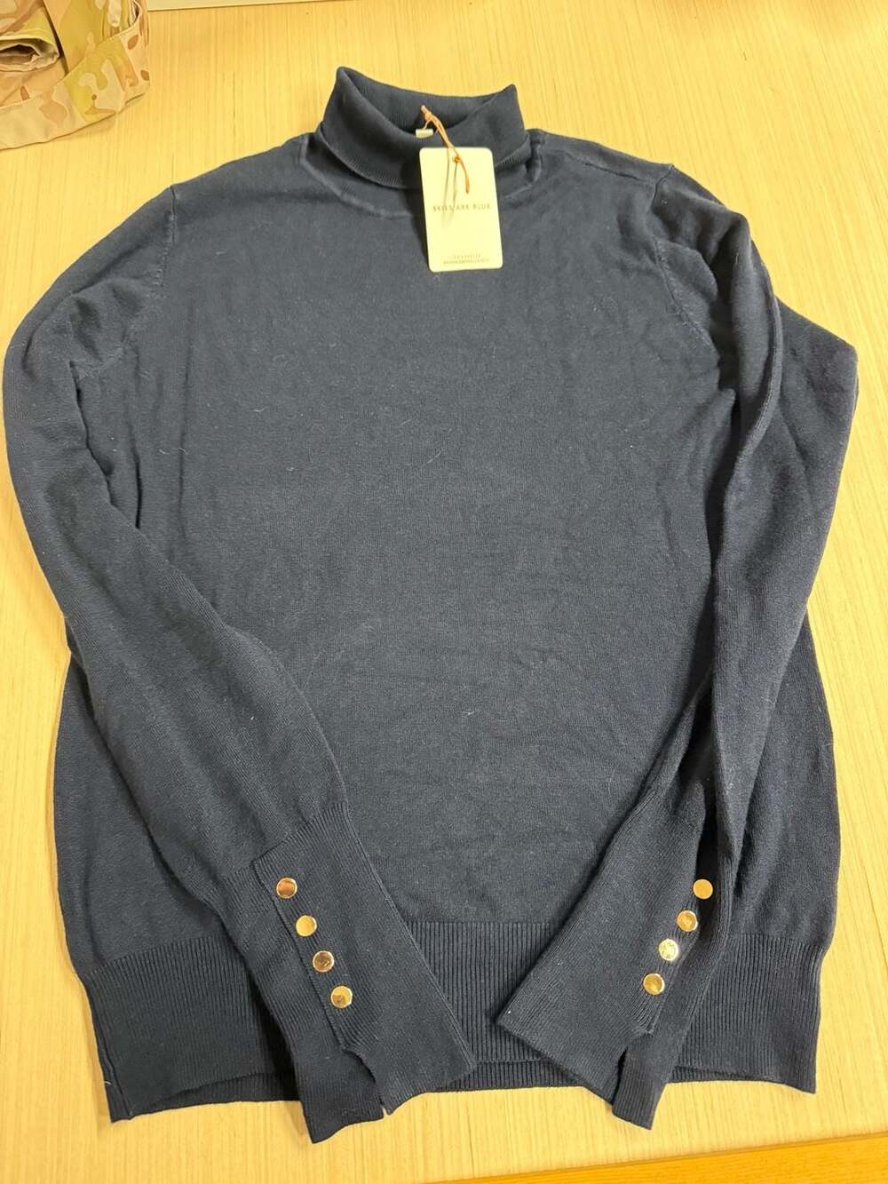 Skies Are Blue Navy Blue Turtleneck Sweater with Gold Button Cuffs size small